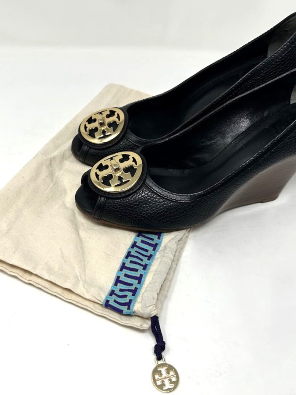 Tory Burch Selma Peep Toe Wedges-Black Pebbled Leather-Gold Logo Medallion 9.5